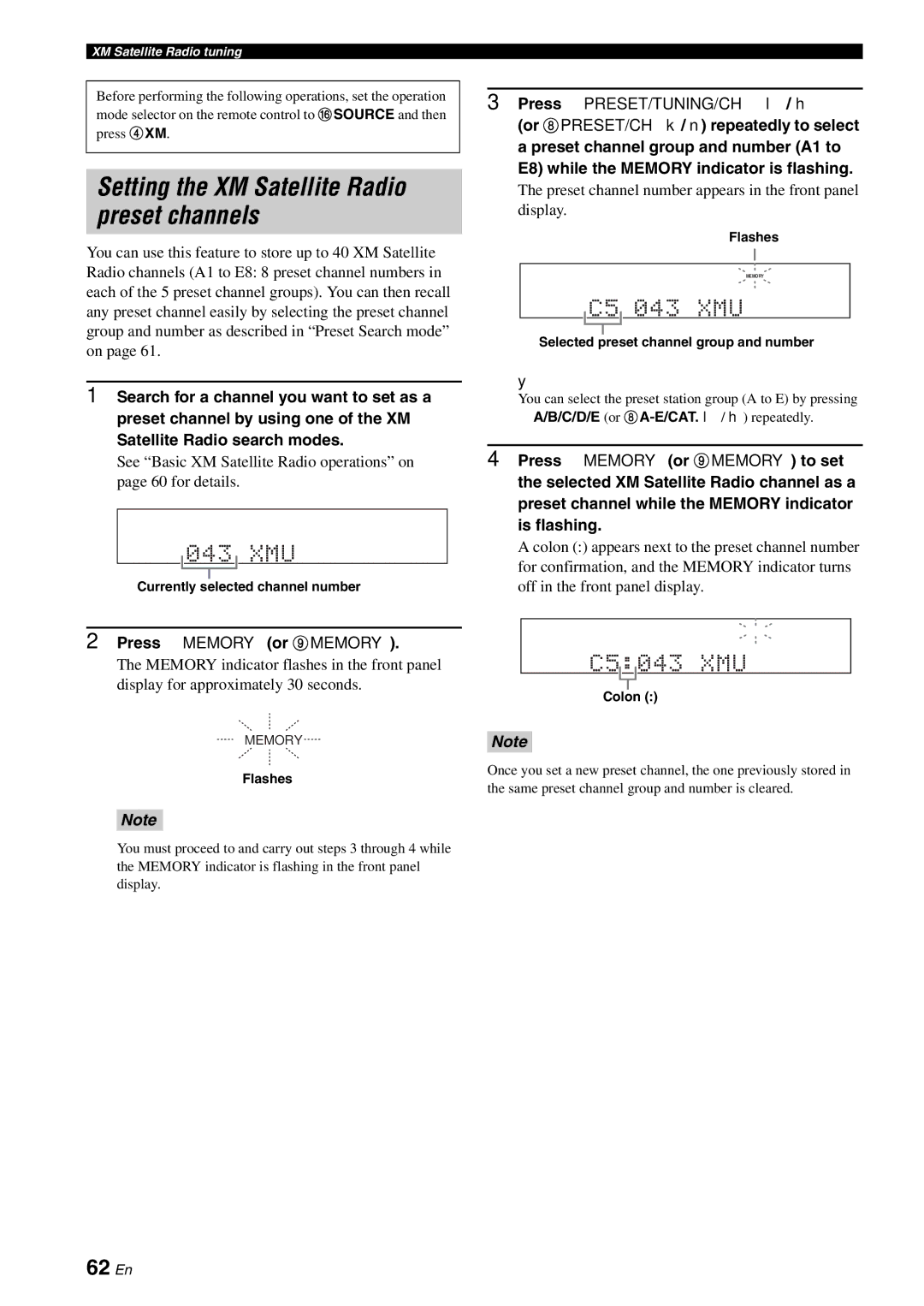 Yamaha HTR-6180 owner manual Setting the XM Satellite Radio preset channels, 62 En, B/C/D/E or 8A-E/CAT. l/ h repeatedly 