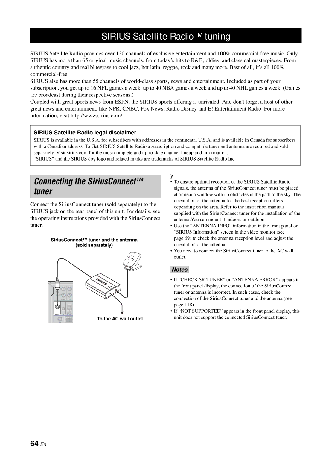 Yamaha HTR-6180 owner manual Sirius Satellite Radio tuning, Connecting the SiriusConnect tuner, 64 En 