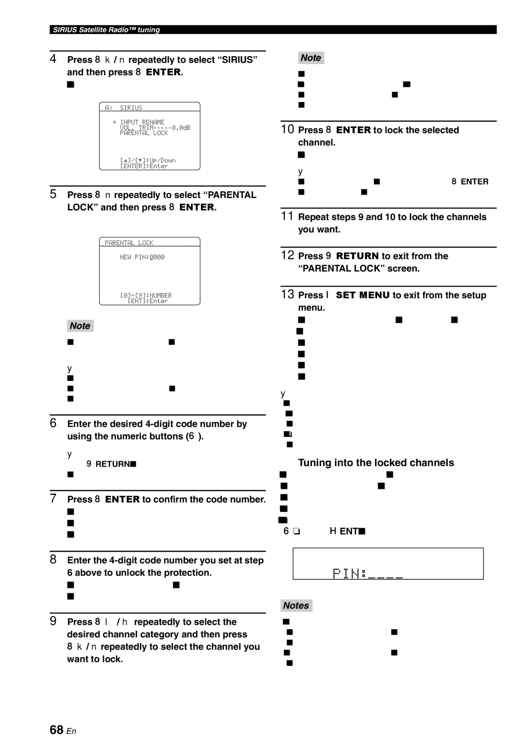 Yamaha HTR-6180 owner manual 68 En, Tuning into the locked channels, Press 8ENTER to confirm the code number 