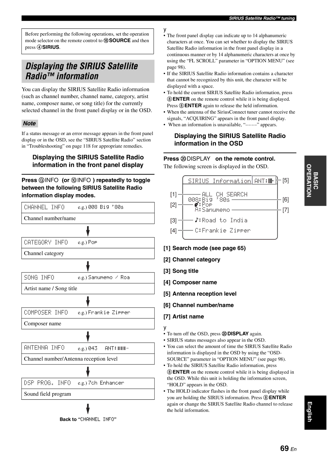 Yamaha HTR-6180 owner manual 69 En, Composer Info, Sirius, Pop 