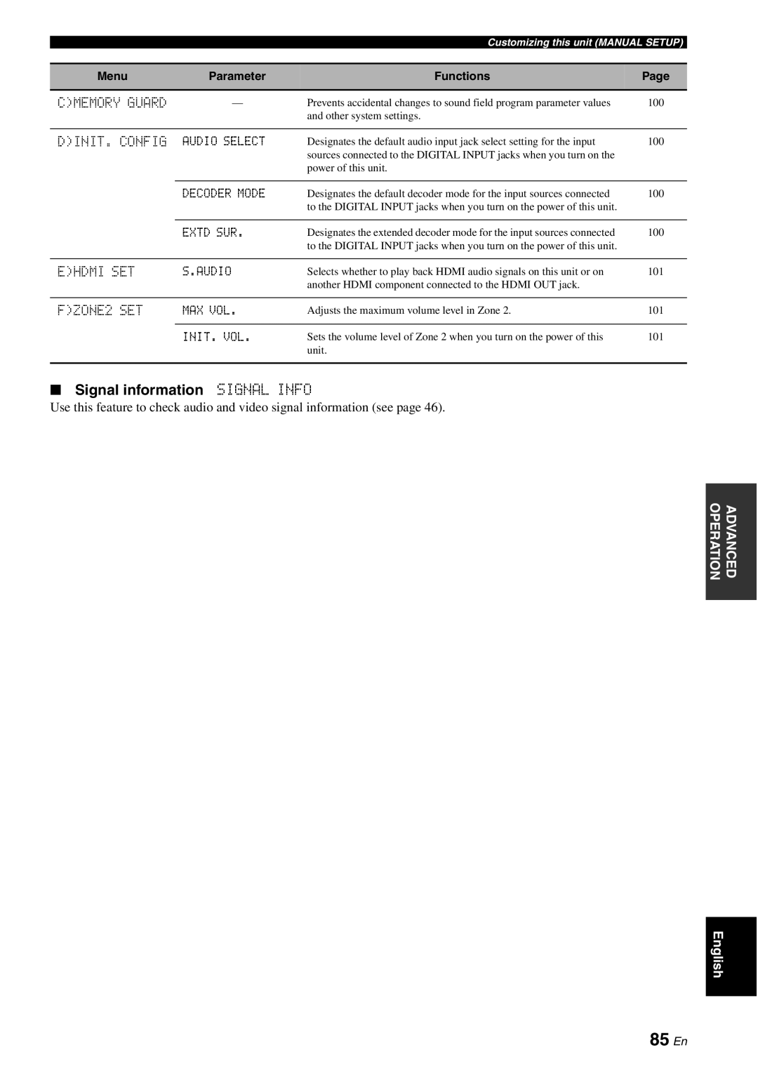 Yamaha HTR-6180 owner manual 85 En, Signal information Signal Info, DINIT. Config, Ehdmi SET, FZONE2 SET 