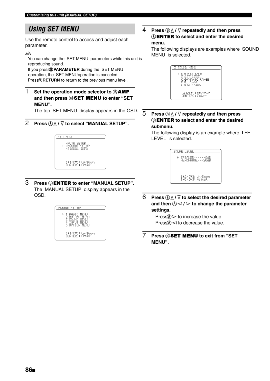 Yamaha HTR-6180 owner manual Using SET Menu, 86 En 