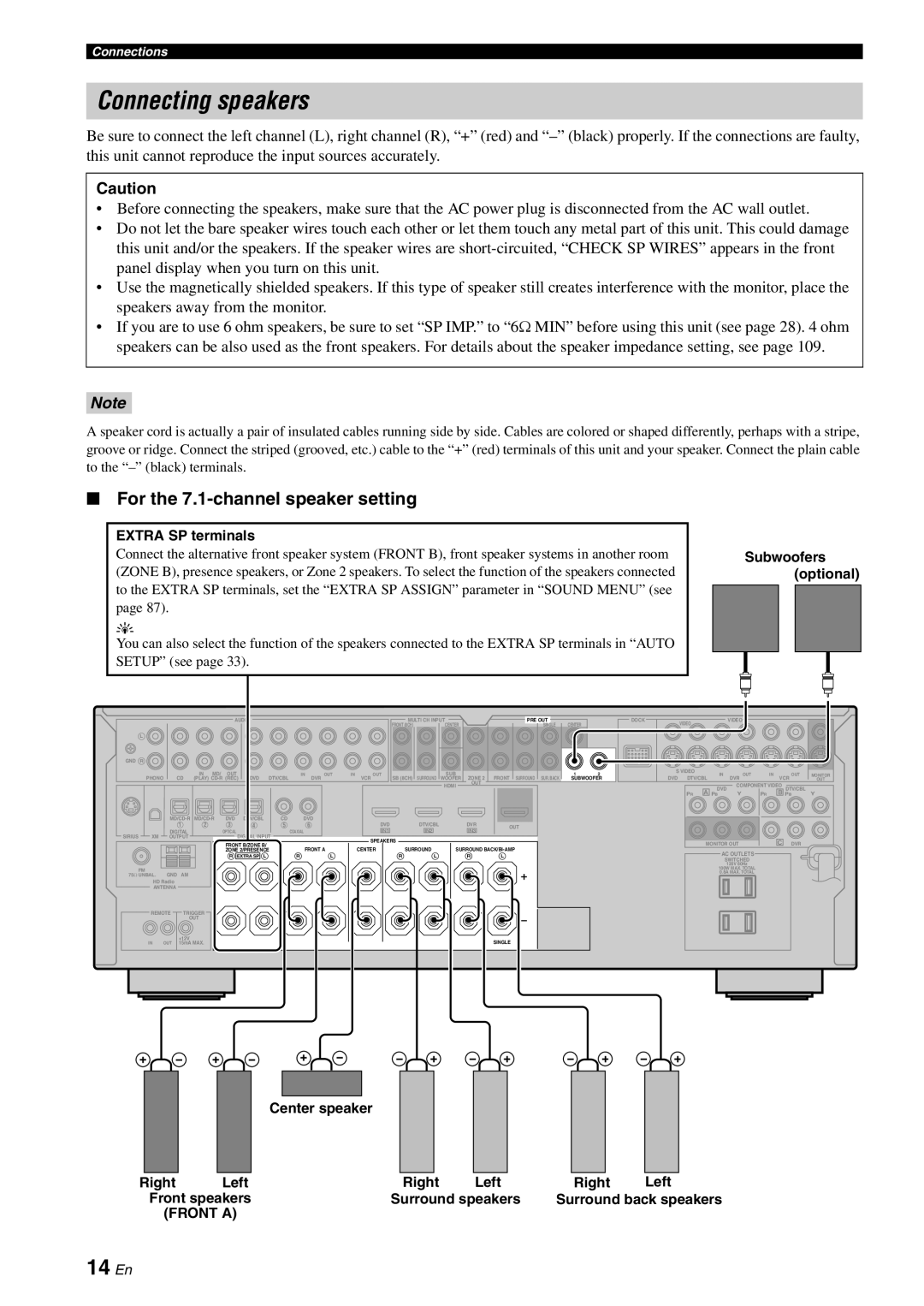 Yamaha HTR-6180 owner manual Connecting speakers, 14 En, For the 7.1-channelspeaker setting 