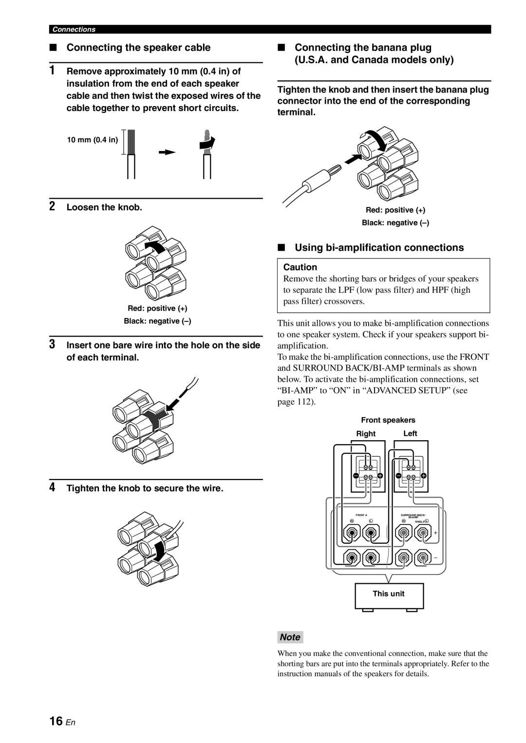 Yamaha HTR-6180 owner manual 16 En, Connecting the speaker cable, Using bi-amplificationconnections 