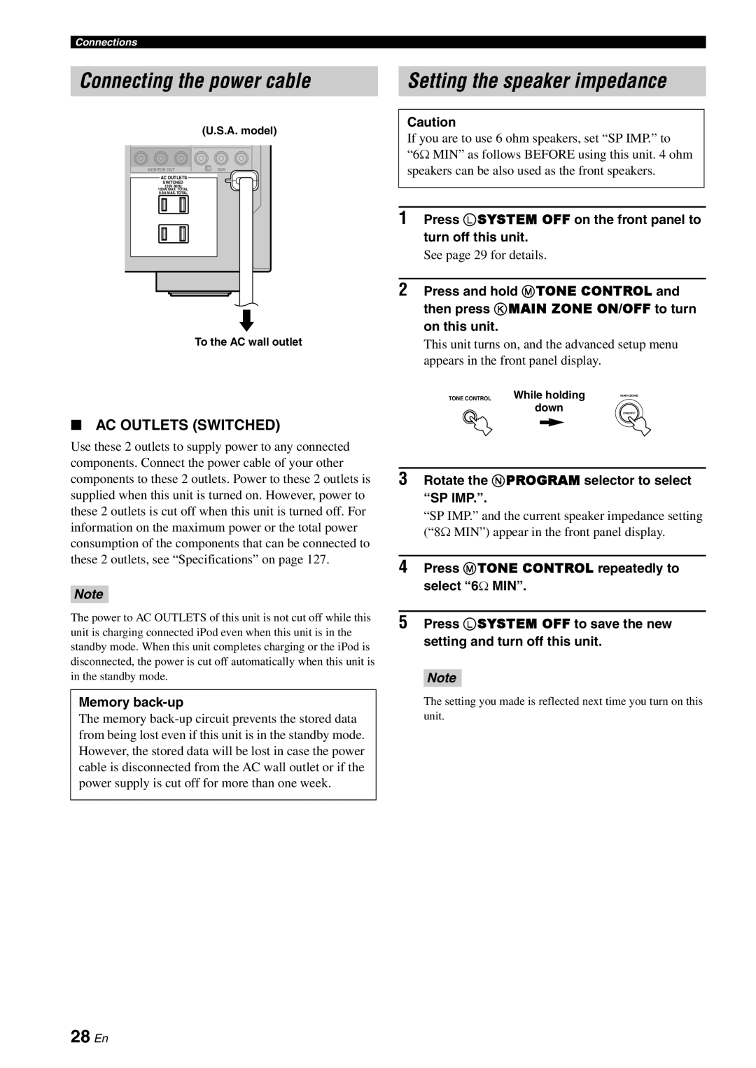 Yamaha HTR-6180 owner manual 28 En, Ac Outlets Switched, Connecting the power cable, Setting the speaker impedance 
