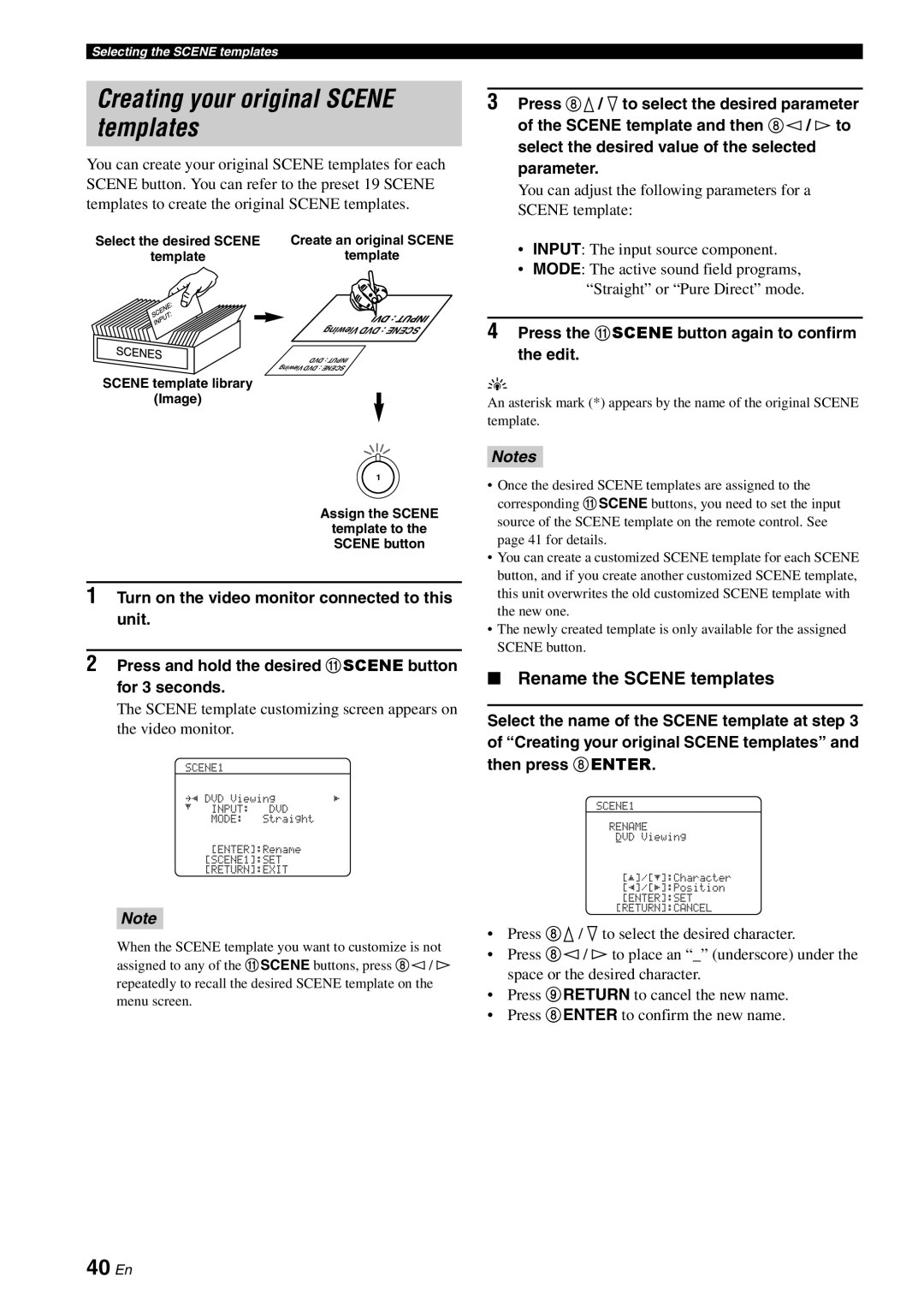 Yamaha HTR-6180 owner manual Creating your original SCENE templates, 40 En, Rename the SCENE templates, Notes 