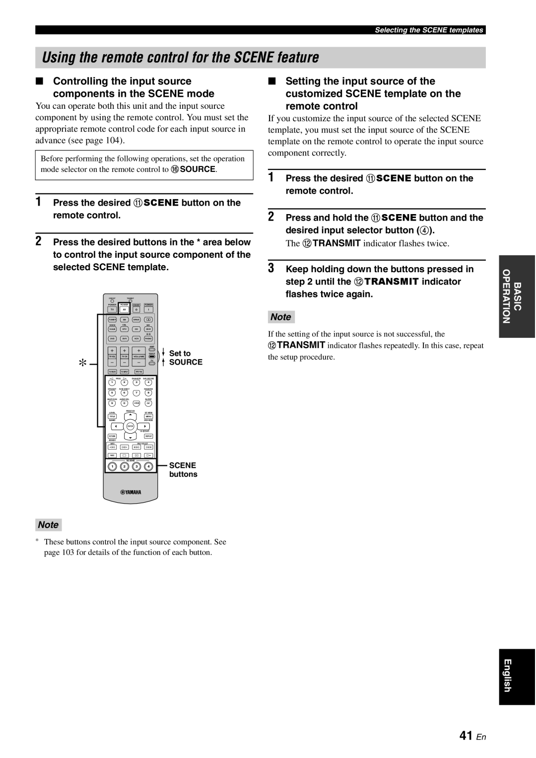 Yamaha HTR-6180 owner manual Using the remote control for the SCENE feature, 41 En, Controlling the input source 