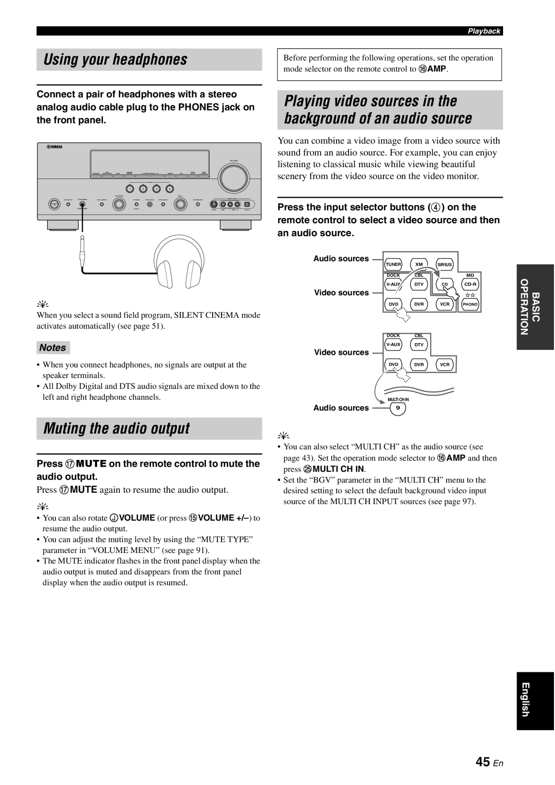 Yamaha HTR-6180 owner manual Using your headphones, Muting the audio output, 45 En, Notes 