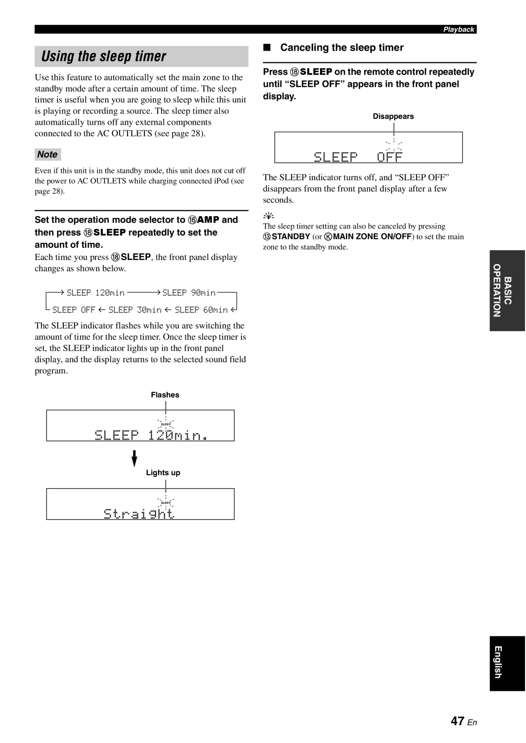 Yamaha HTR-6180 owner manual Using the sleep timer, Sleep Off, 47 En, Canceling the sleep timer 