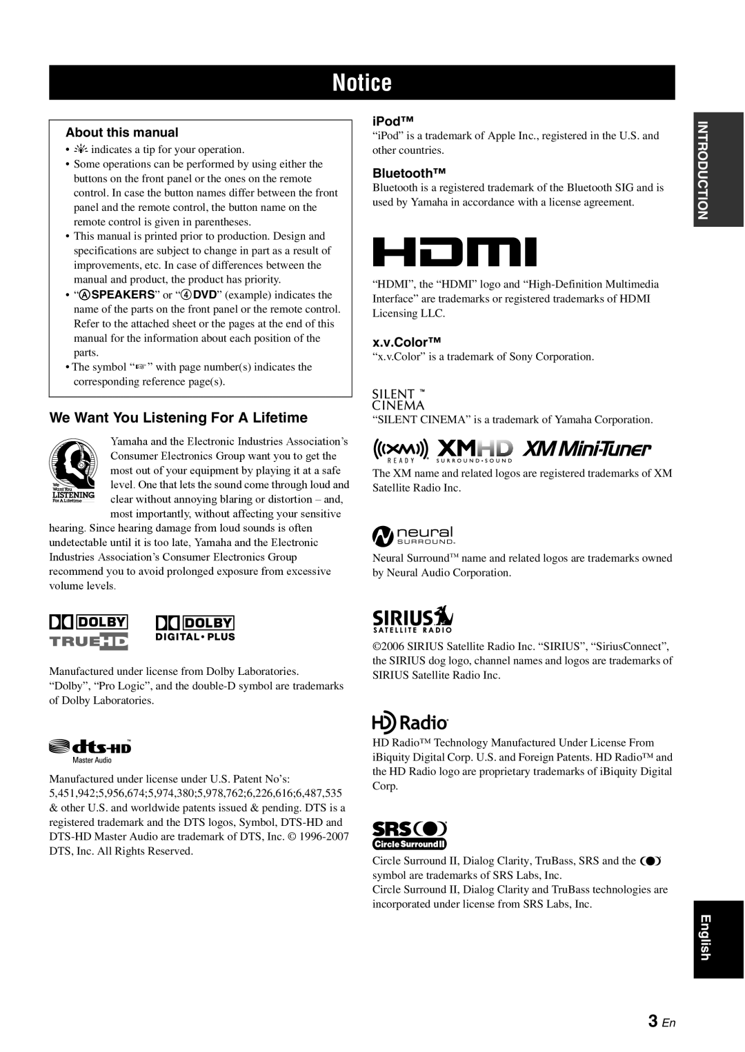 Yamaha HTR-6180 owner manual Notice, 3 En, We Want You Listening For A Lifetime 