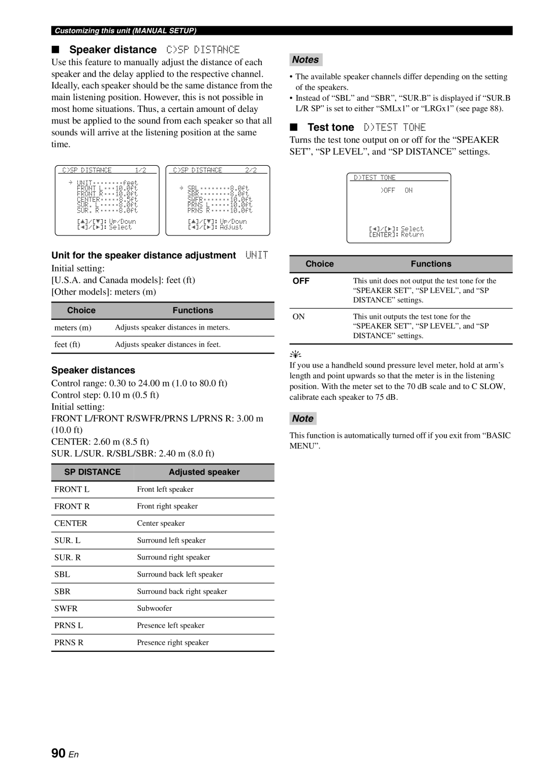Yamaha HTR-6180 owner manual 90 En, Speaker distance CSP DISTANCE, Notes 