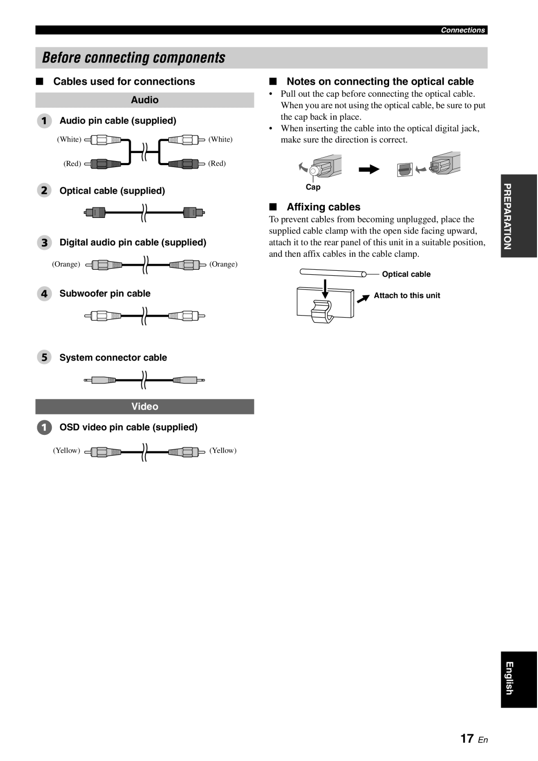 Yamaha HTY-750 owner manual 17 En, Cables used for connections Audio, Affixing cables 