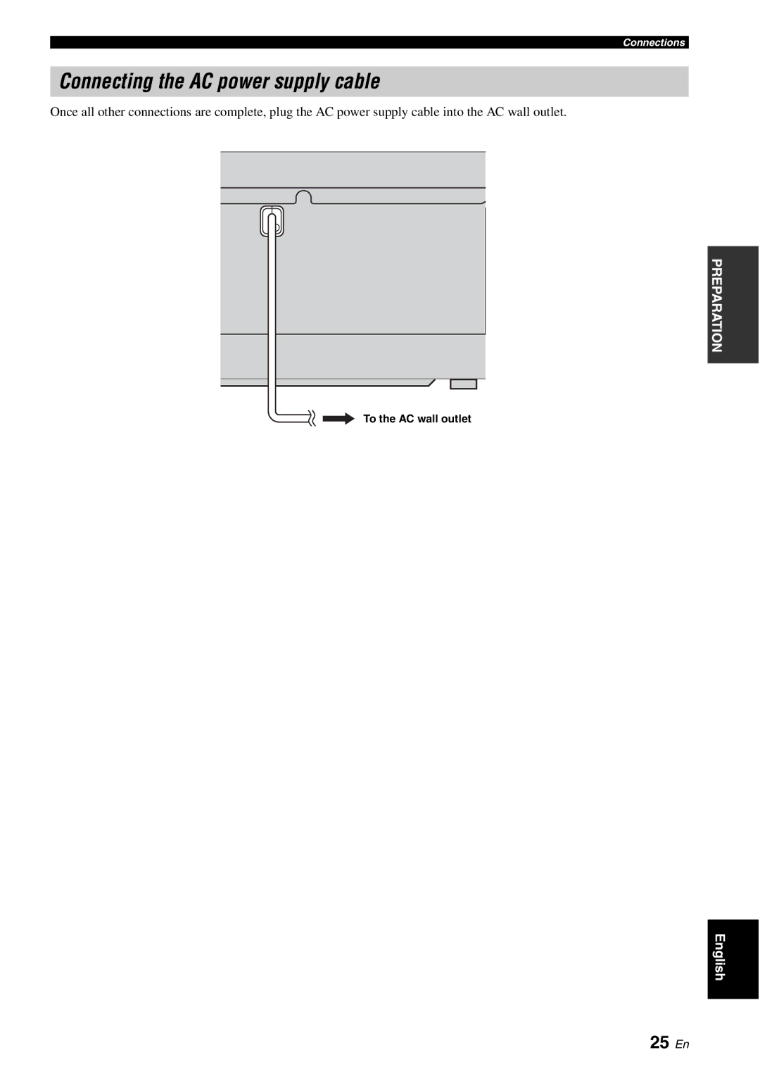 Yamaha HTY-750 owner manual Connecting the AC power supply cable, 25 En, To the AC wall outlet 