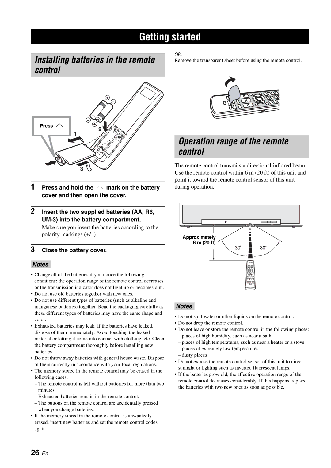 Yamaha HTY-750 Getting started, Installing batteries in the remote control, Operation range of the remote control, 26 En 