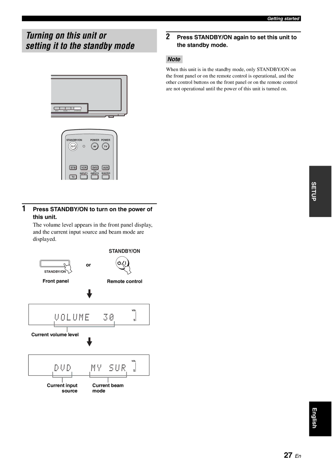 Yamaha HTY-750 owner manual 27 En, Press STANDBY/ON again to set this unit to the standby mode 