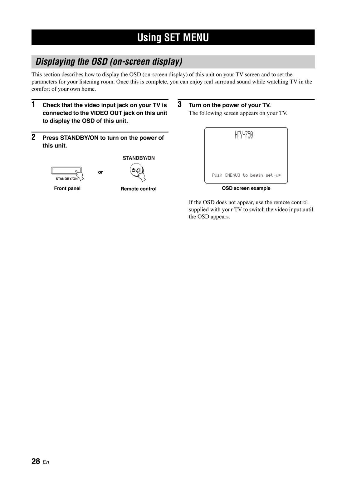 Yamaha HTY-750 owner manual Using SET Menu, Displaying the OSD on-screen display, 28 En 