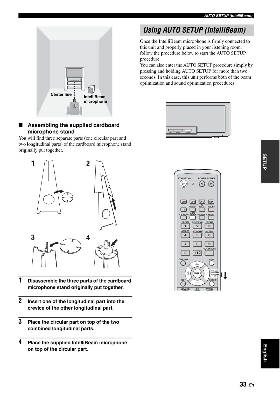 Yamaha HTY-750 Using Auto Setup IntelliBeam, 33 En, Assembling the supplied cardboard Microphone stand, Center line 