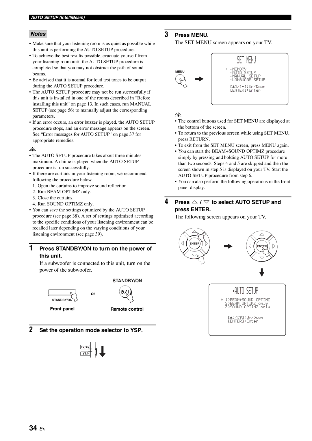 Yamaha HTY-750 owner manual 34 En, Set the operation mode selector to YSP, Press / to select Auto Setup and press Enter 