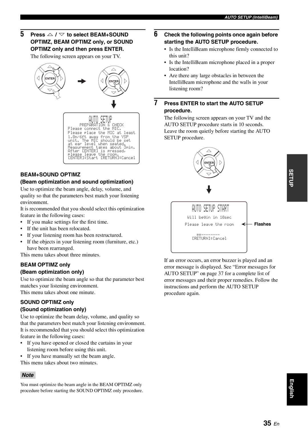 Yamaha HTY-750 owner manual Auto Setup Start, 35 En, BEAM+SOUND Optimz 