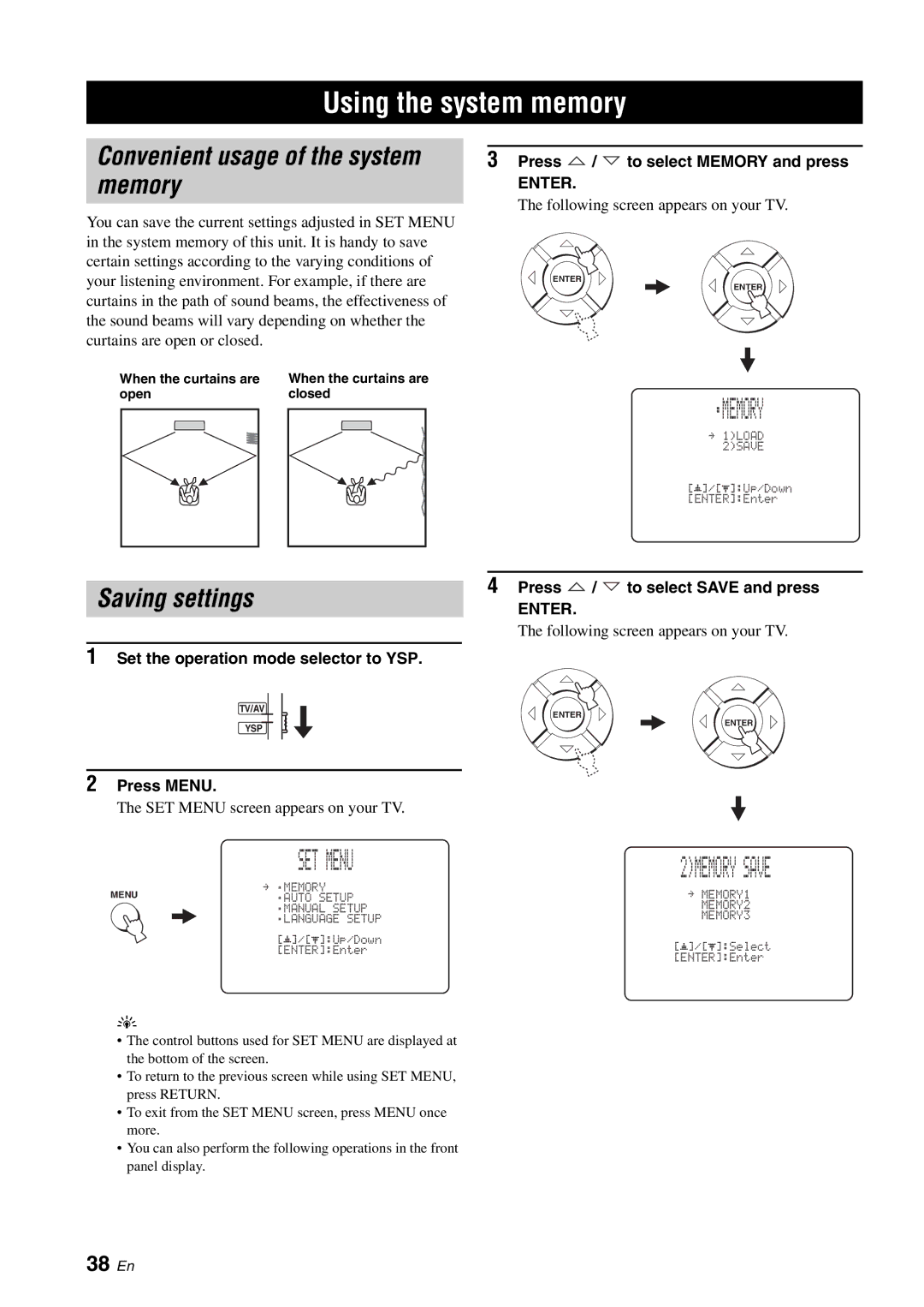 Yamaha HTY-750 owner manual Using the system memory, 2MEMORY Save, Memory, Saving settings, 38 En 