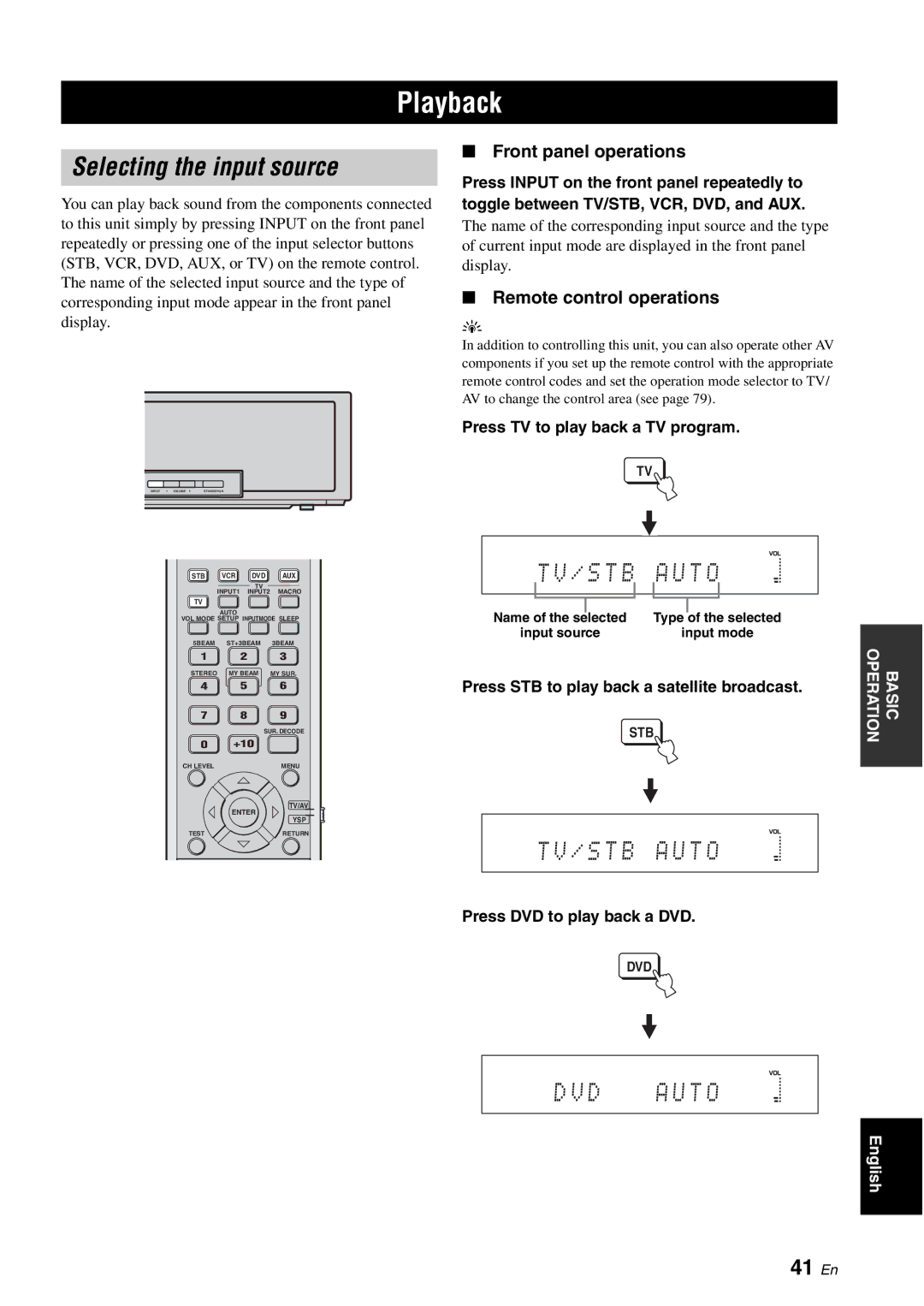 Yamaha HTY-750 owner manual Playback, Selecting the input source, D V D X X X a U T O, 41 En 