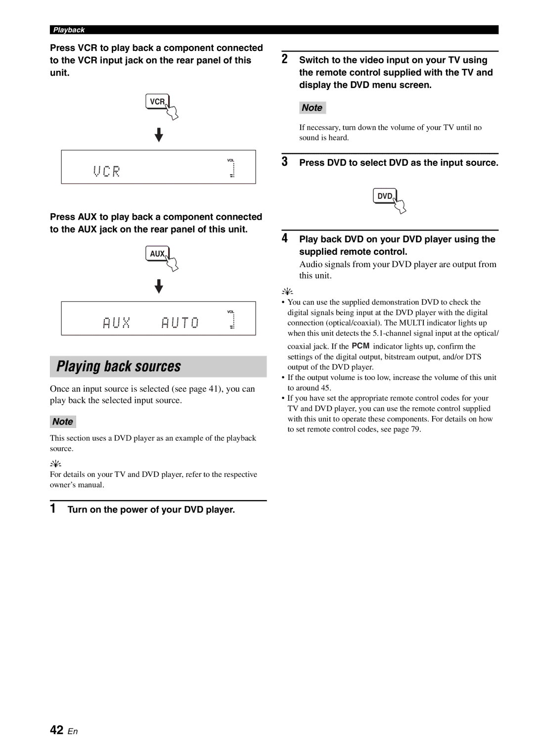 Yamaha HTY-750 Playing back sources, C R, A U X X X X a U T O, 42 En, Press DVD to select DVD as the input source 