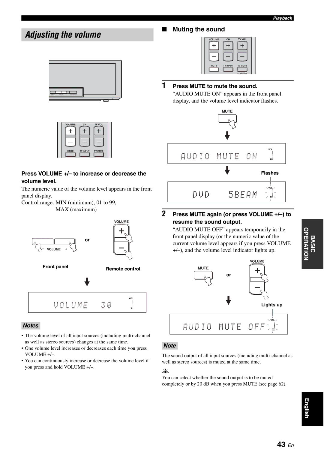 Yamaha HTY-750 owner manual Adjusting the volume, D I O X M U T E X O N, 43 En, Muting the sound 