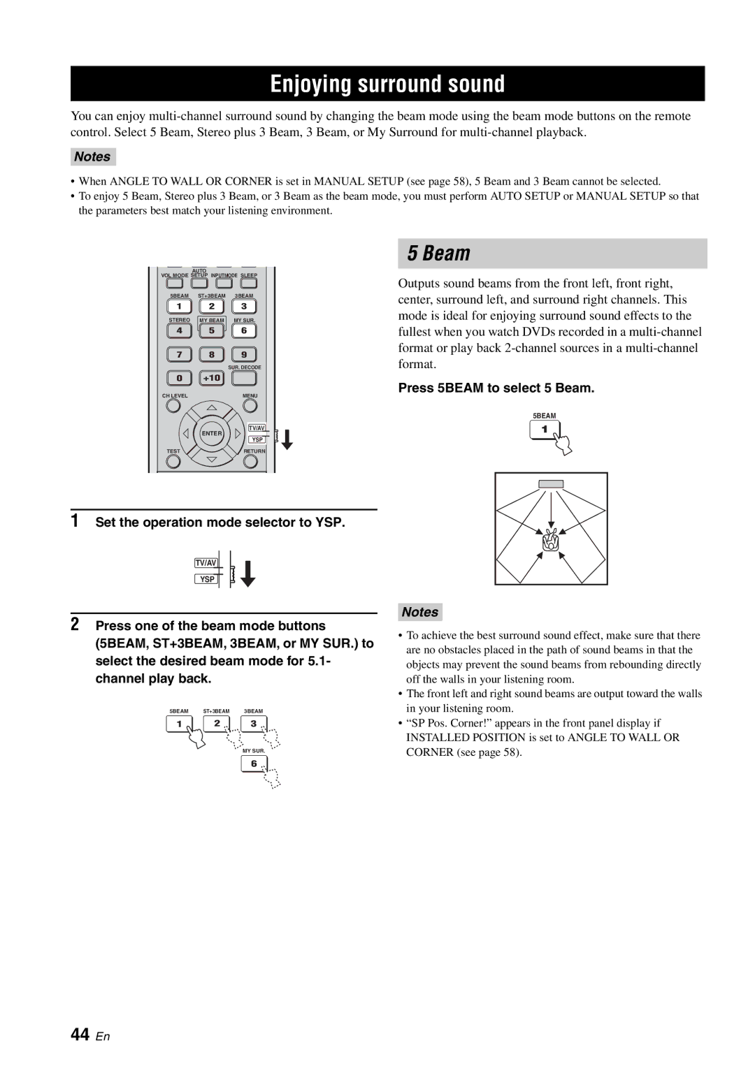 Yamaha HTY-750 owner manual Enjoying surround sound, 44 En, Press 5BEAM to select 5 Beam 