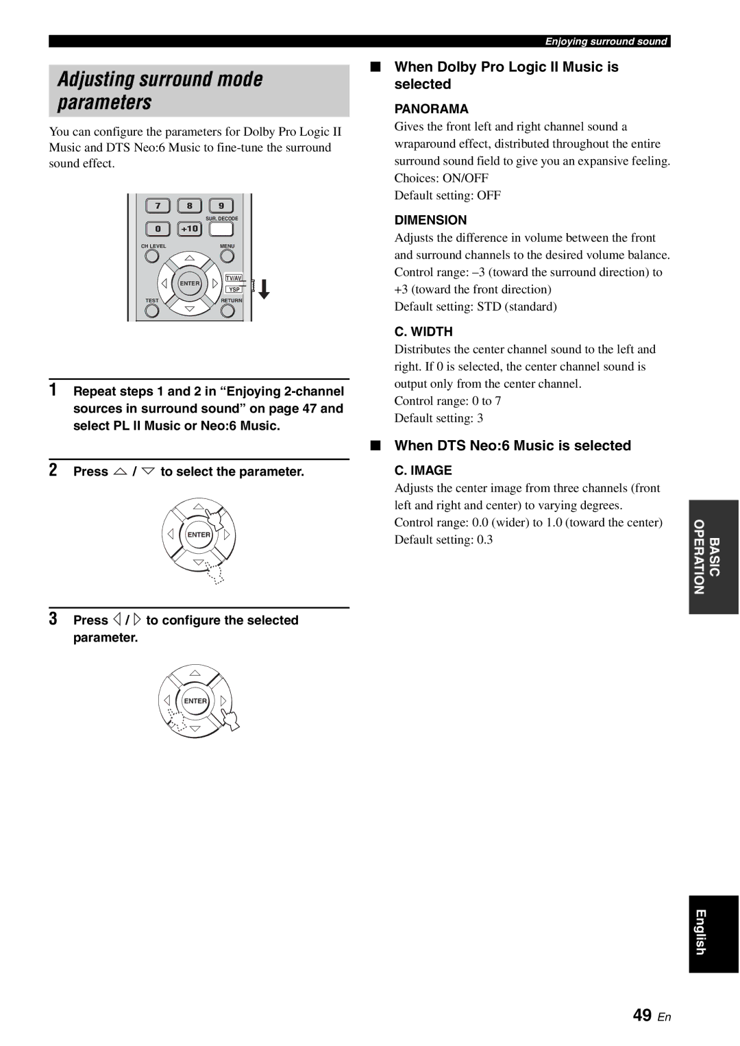 Yamaha HTY-750 owner manual Adjusting surround mode parameters, 49 En, When Dolby Pro Logic II Music is selected 