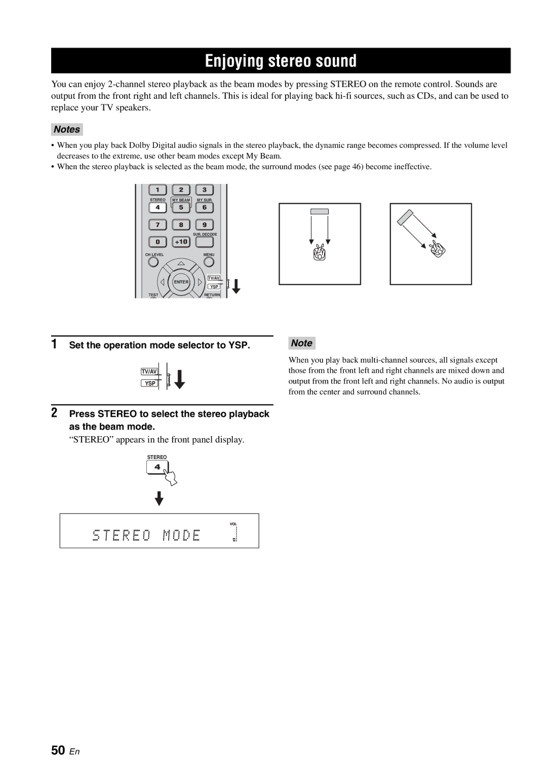 Yamaha HTY-750 owner manual Enjoying stereo sound, T E R E O X M O D E, 50 En 