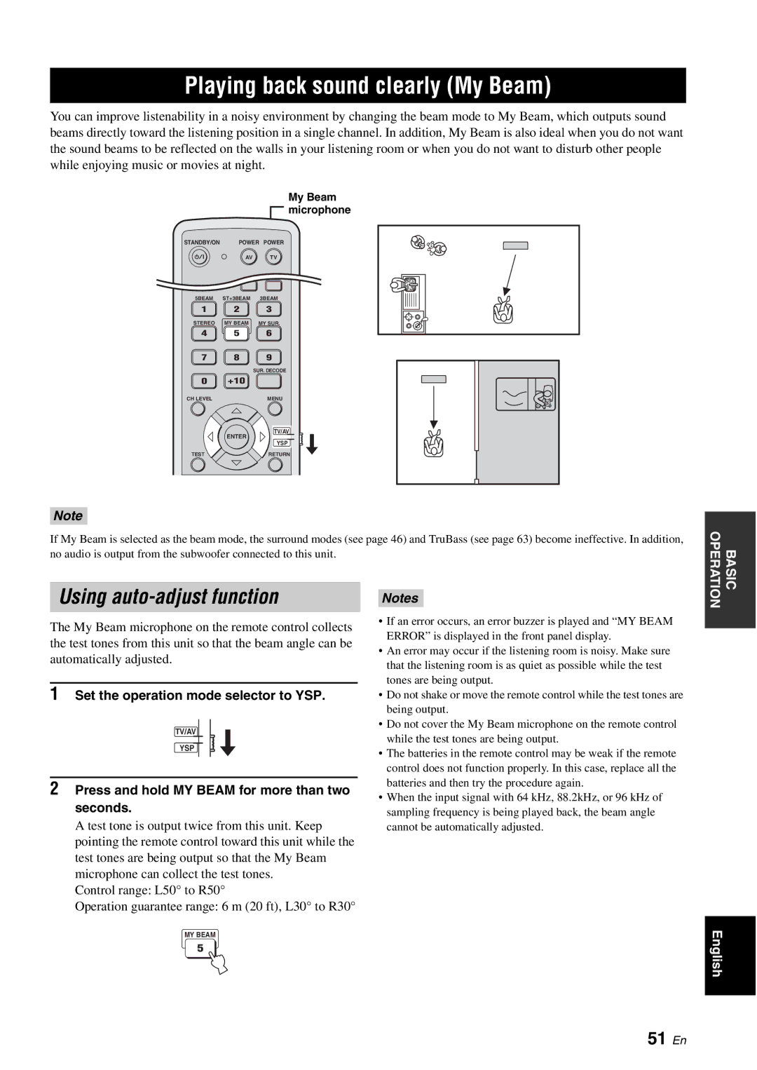 Yamaha HTY-750 owner manual Playing back sound clearly My Beam, Using auto-adjust function, 51 En, My Beam microphone 