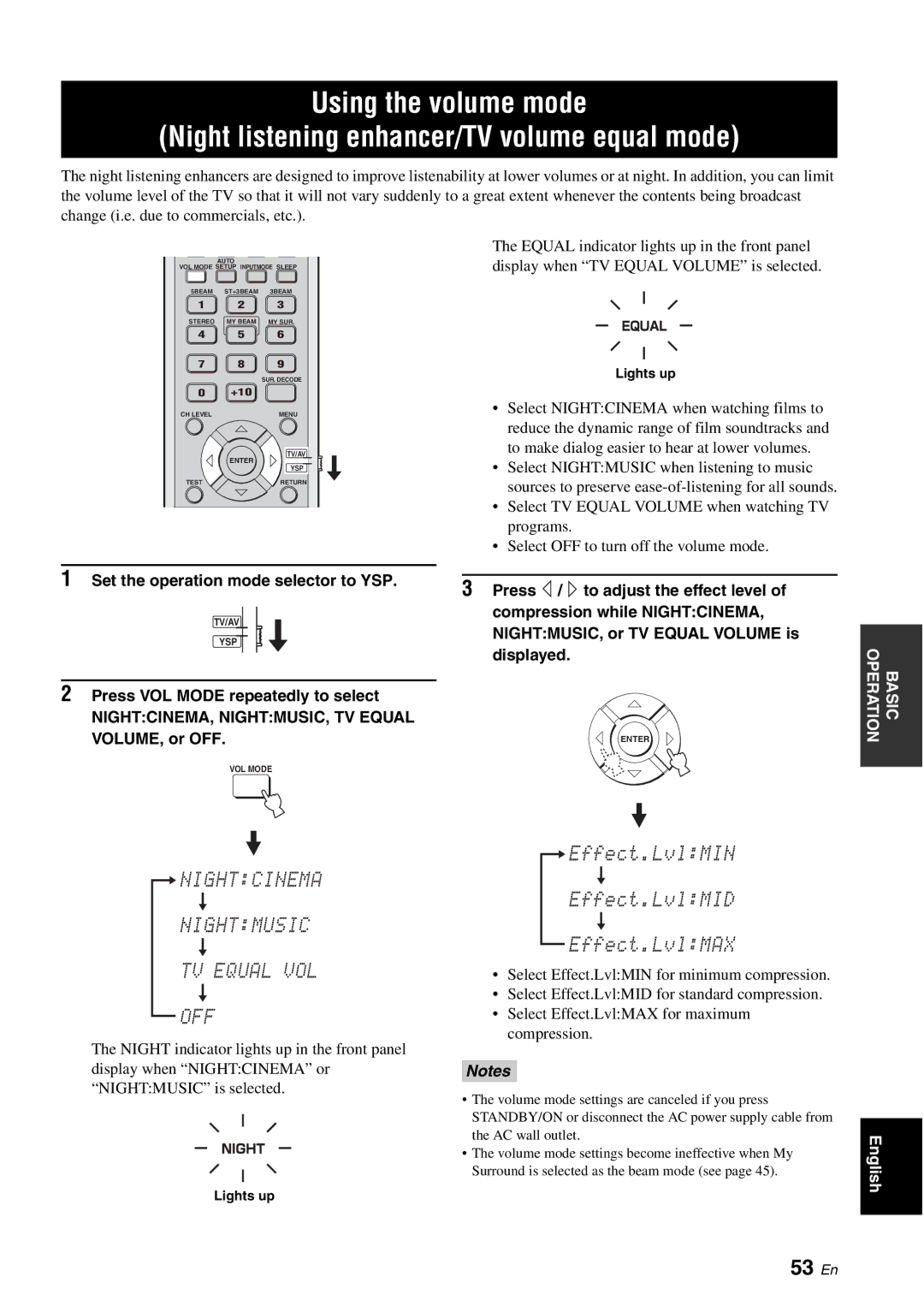 Yamaha HTY-750 owner manual 53 En, NIGHTCINEMA, NIGHTMUSIC, TV Equal 