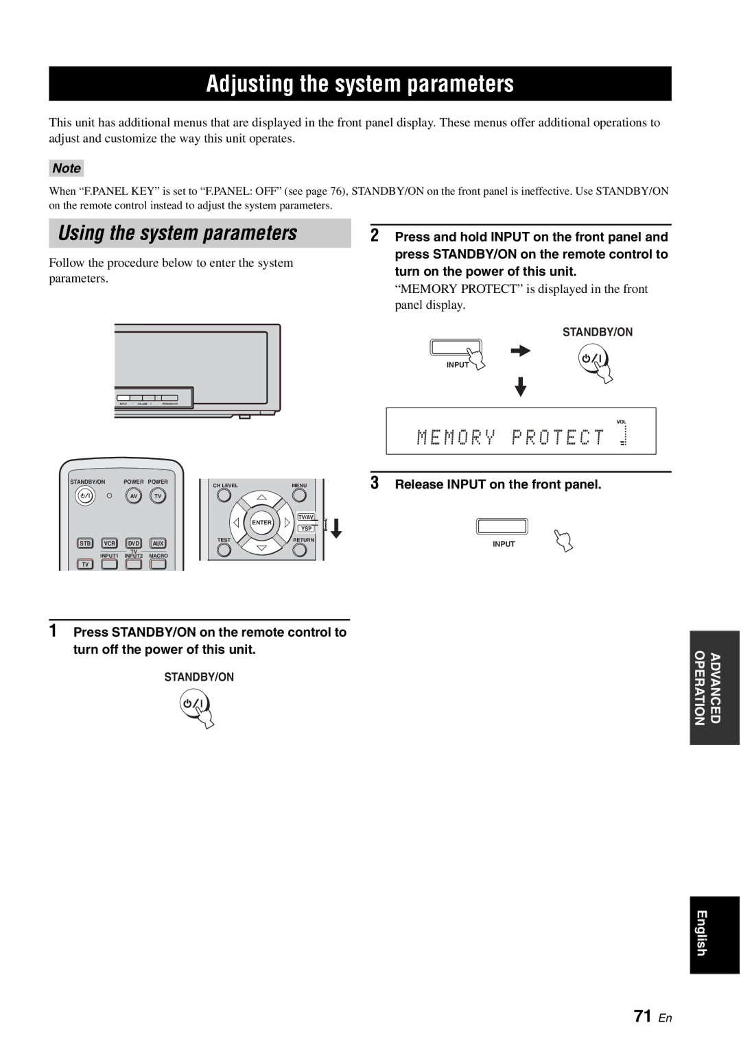 Yamaha HTY-750 owner manual Adjusting the system parameters, Using the system parameters, M O R Y X P R O T E C T, 71 En 