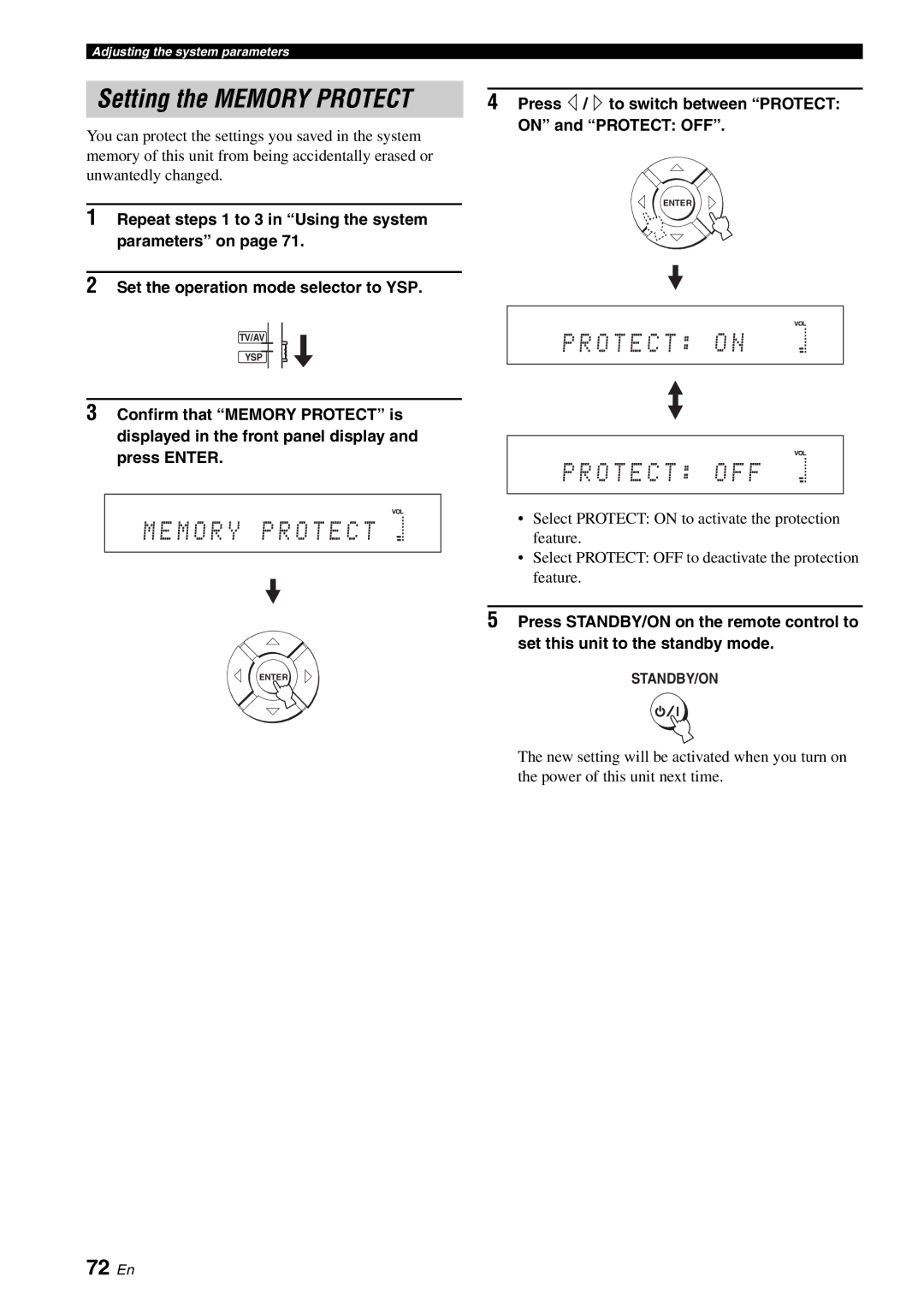 Yamaha HTY-750 owner manual 72 En, Press / to switch between Protect on and Protect OFF 