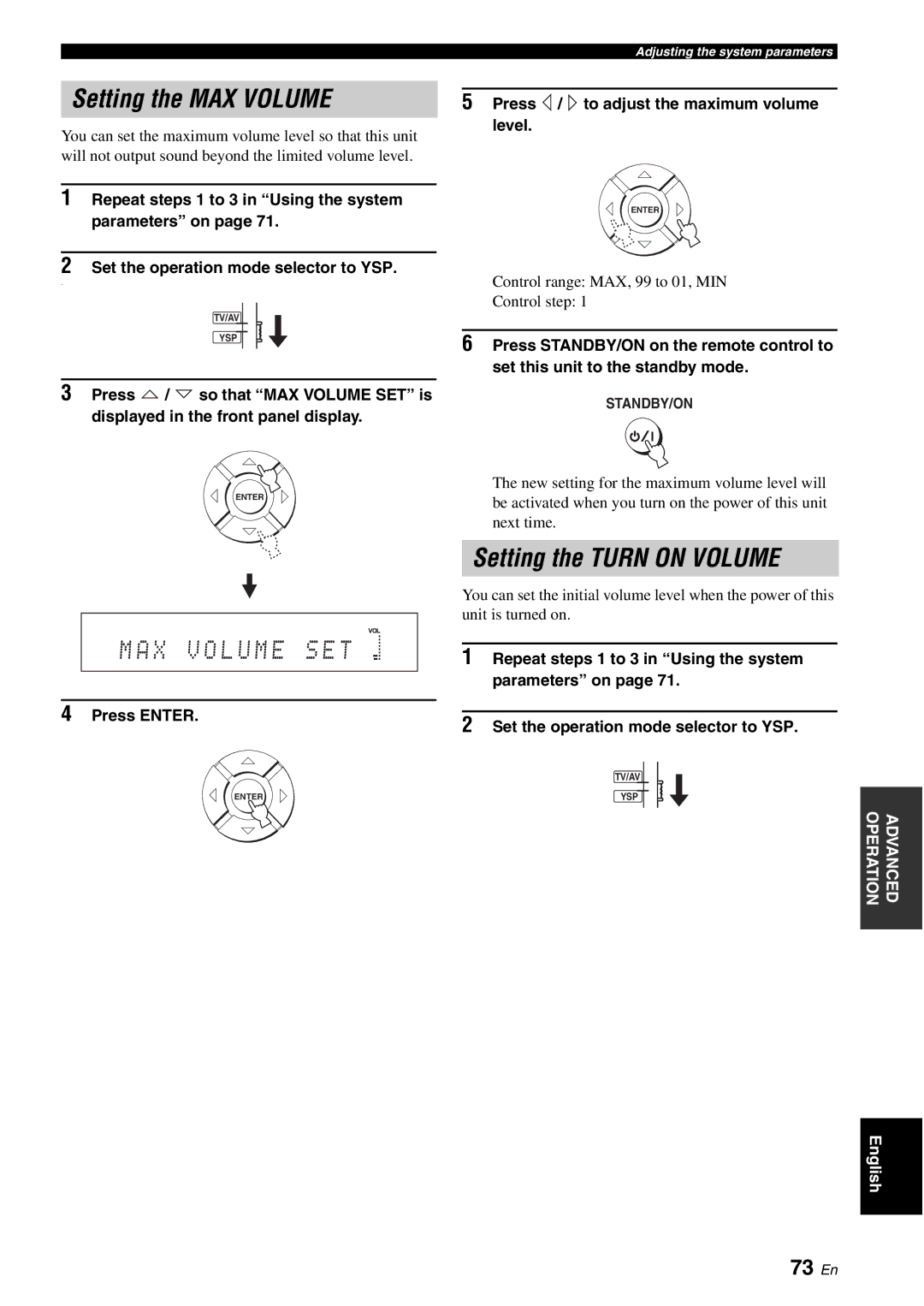 Yamaha HTY-750 owner manual Setting the MAX Volume, Setting the Turn on Volume, X X V O L U M E X S E T, 73 En 