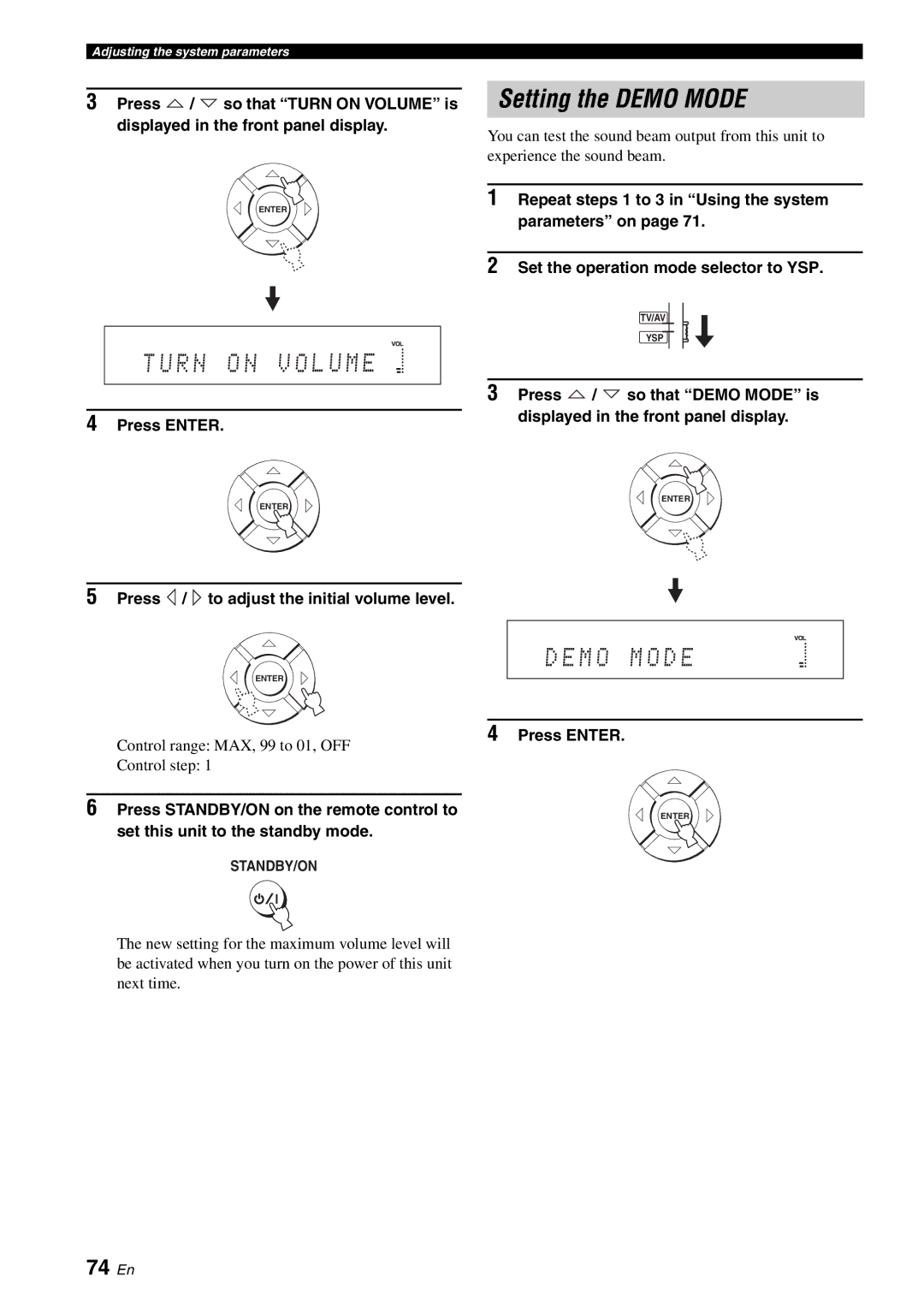 Yamaha HTY-750 owner manual Setting the Demo Mode, R N X O N X V O L U M E, M O X M O D E, 74 En 