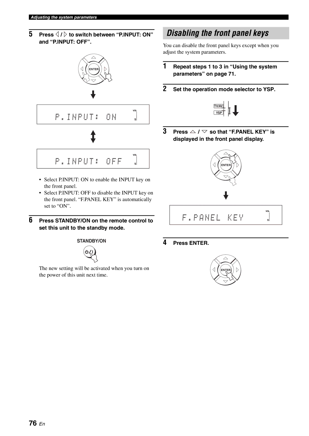 Yamaha HTY-750 owner manual Disabling the front panel keys, 76 En, Press / to switch between P.INPUT on P.INPUT OFF 