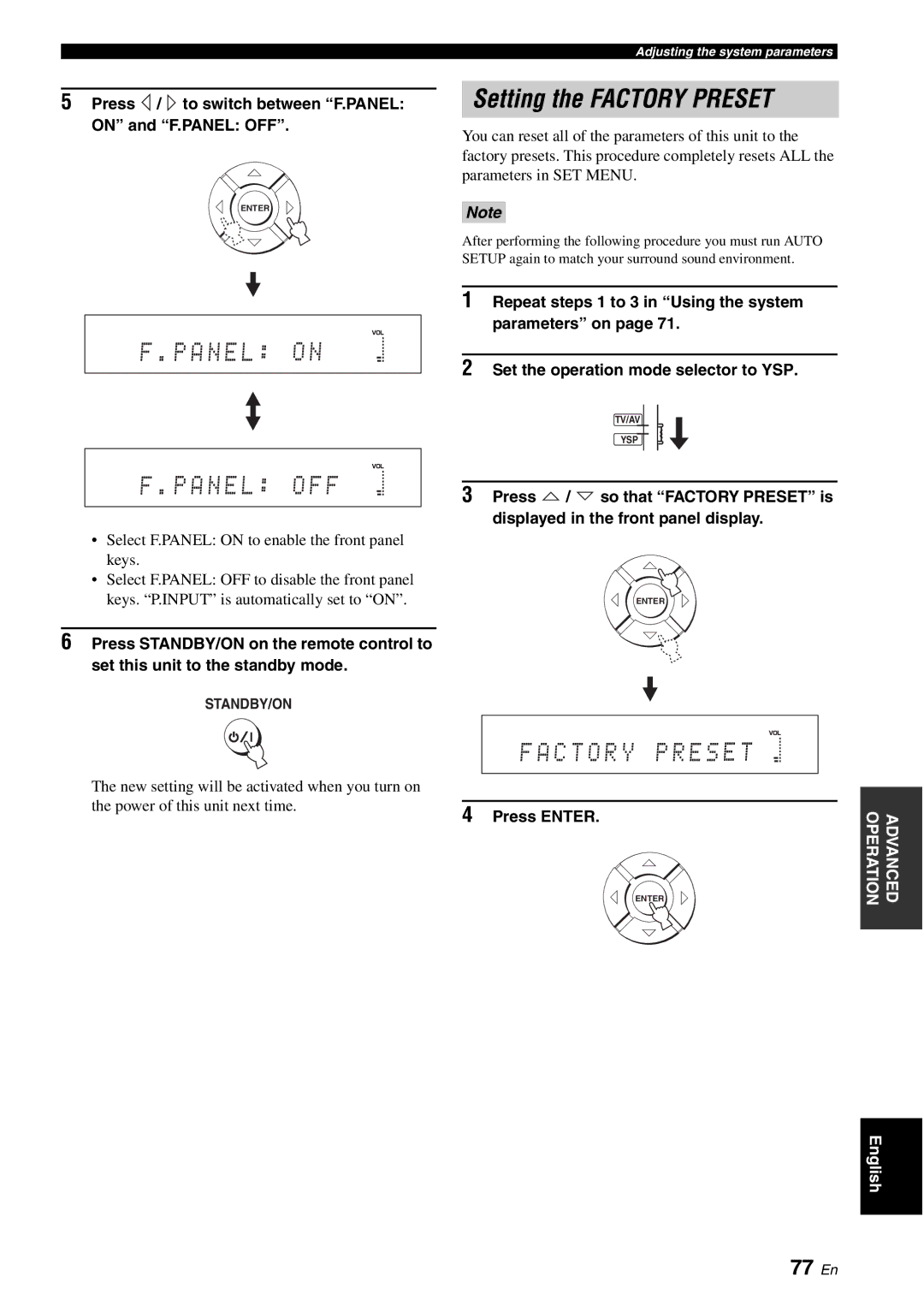 Yamaha HTY-750 owner manual Setting the Factory Preset, C T O R Y X P R E S E T, 77 En 