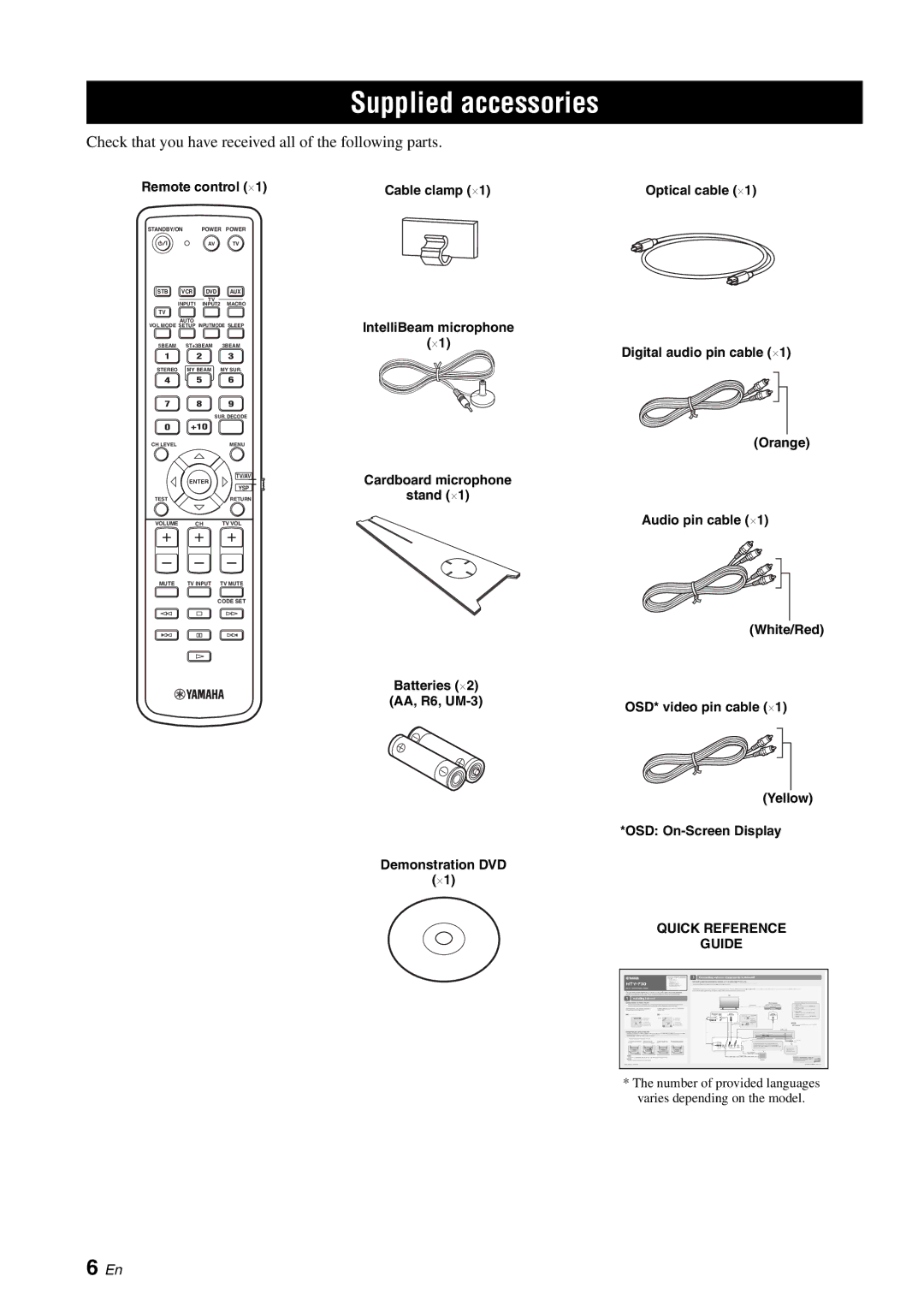 Yamaha HTY-750 owner manual Supplied accessories, Remote control ⋅1, Cable clamp ⋅1 