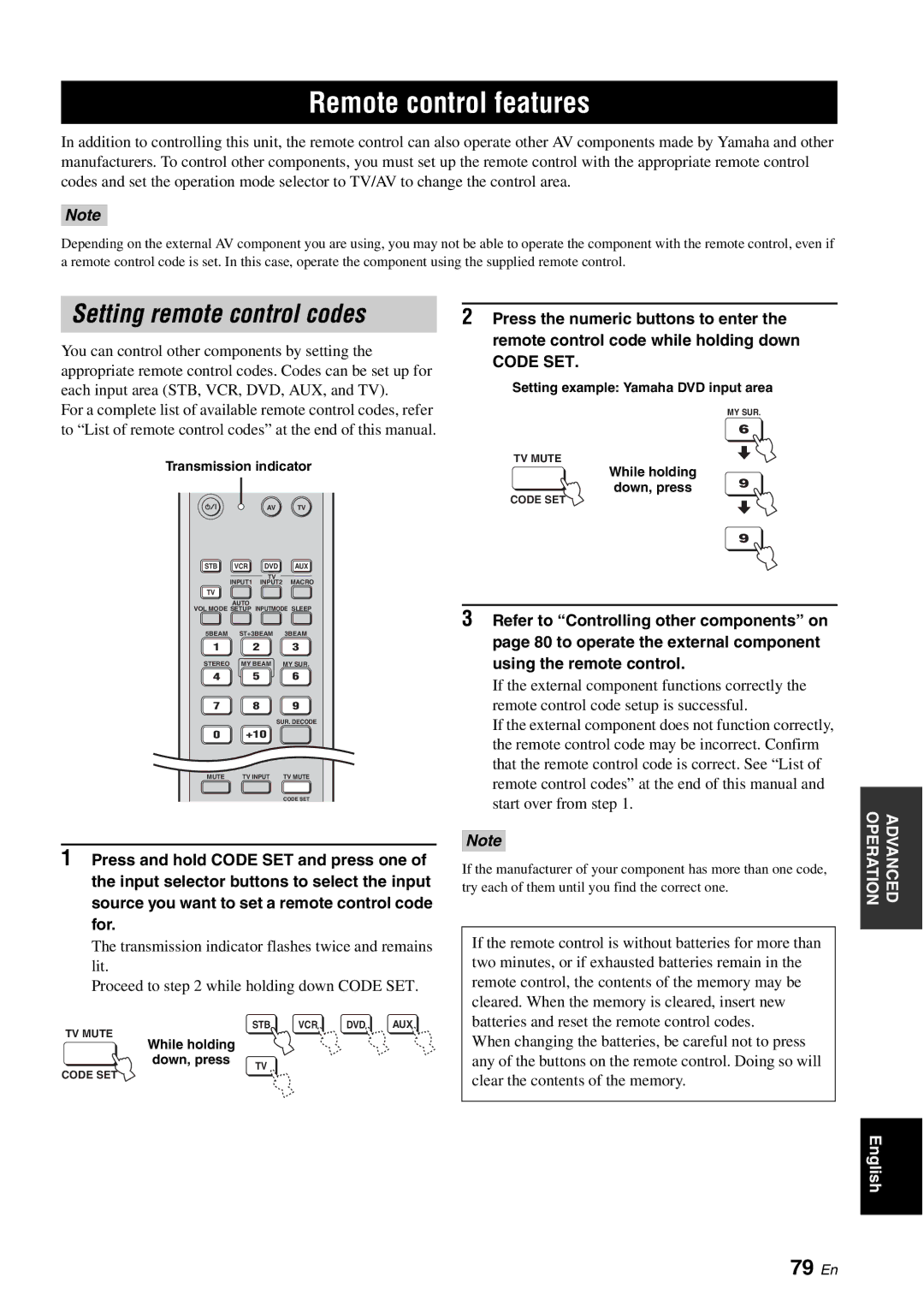 Yamaha HTY-750 owner manual Remote control features, Setting remote control codes, 79 En, Code SET 