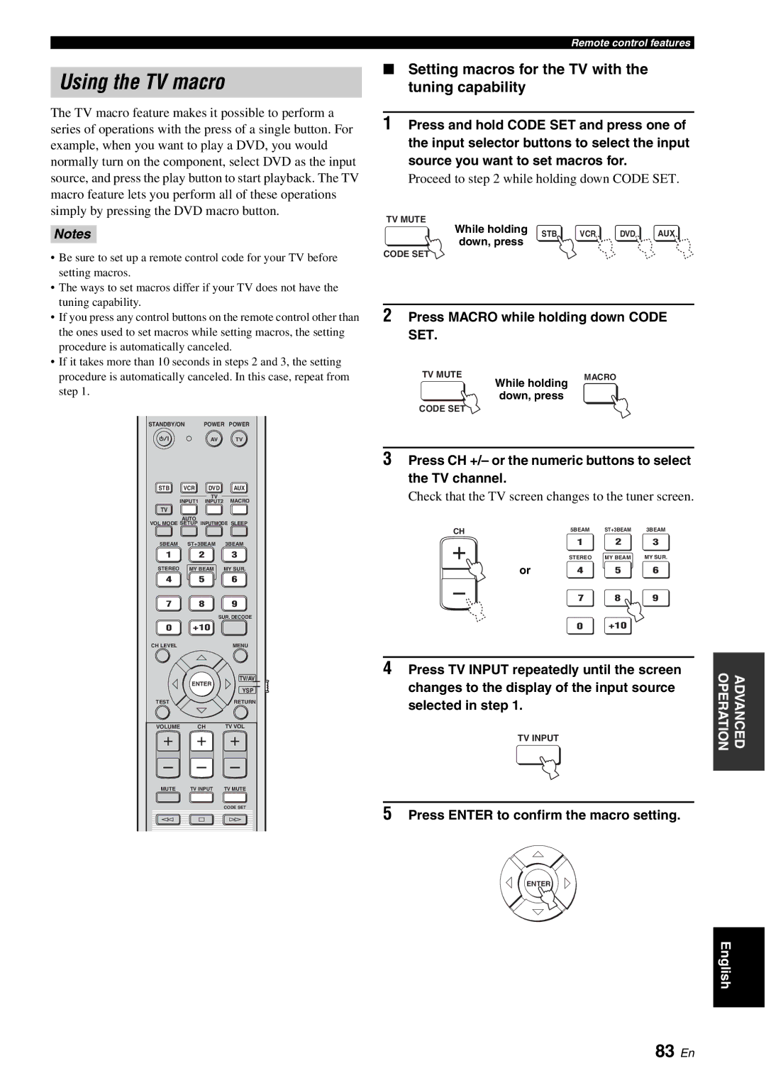 Yamaha HTY-750 owner manual Using the TV macro, 83 En, Setting macros for the TV with the tuning capability 