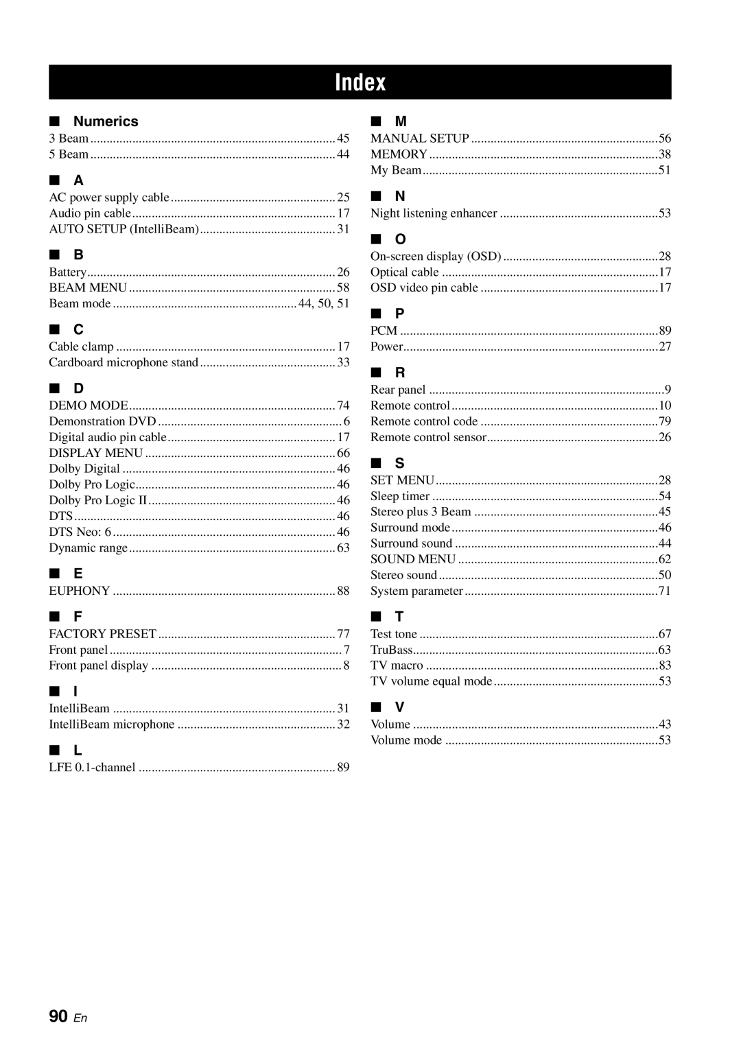 Yamaha HTY-750 owner manual Index, 90 En, Numerics 