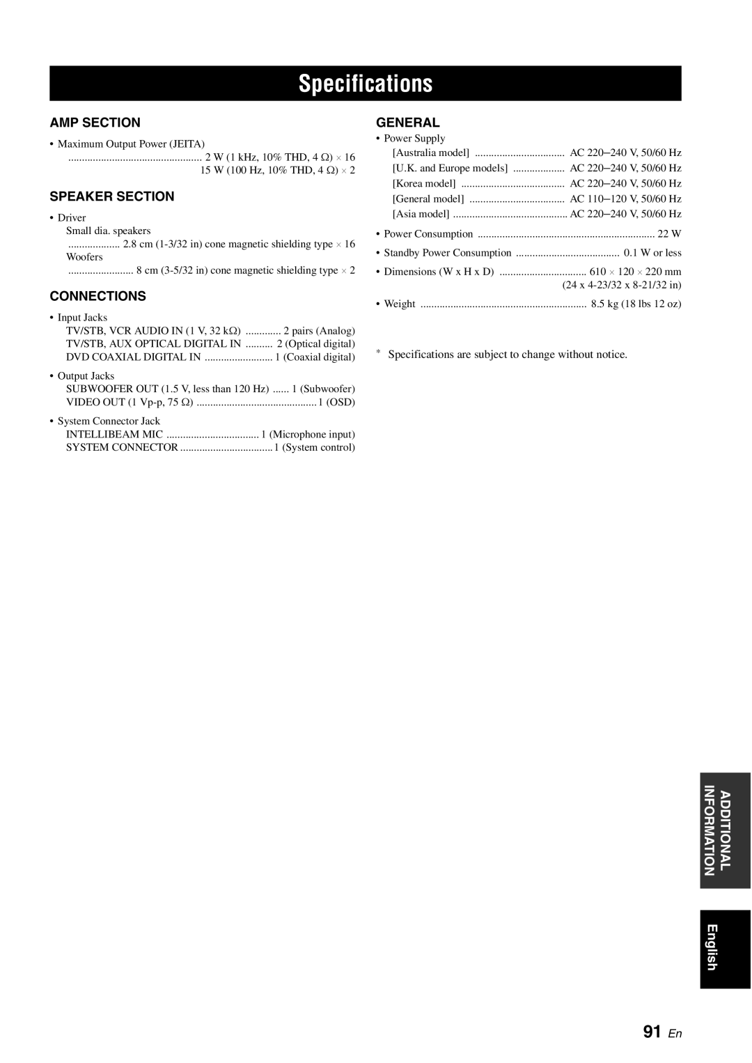 Yamaha HTY-750 owner manual Specifications, 91 En 