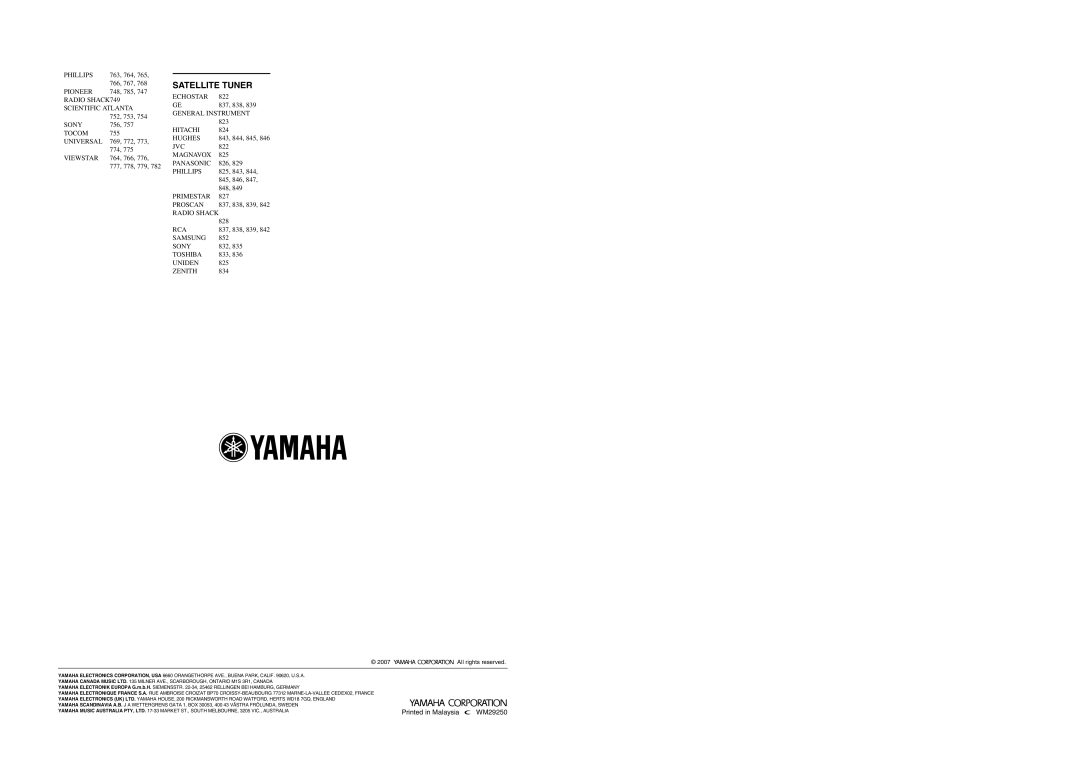 Yamaha HTY-750 owner manual Satellite Tuner, 834 