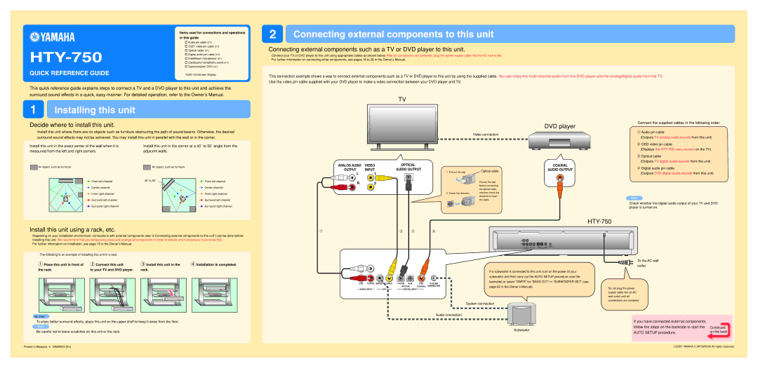 Yamaha HTY-750 Items used for connections and operations This guide, Place this unit in front Connect this unit Rack 