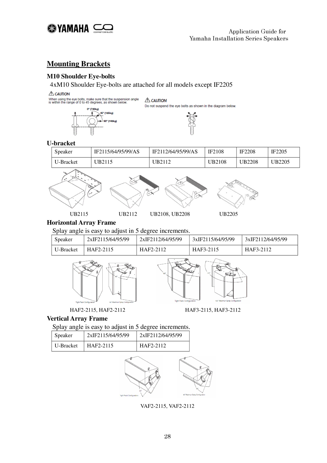 Yamaha IF2112 manual Mounting Brackets, M10 Shoulder Eye-bolts, Horizontal Array Frame, Vertical Array Frame 