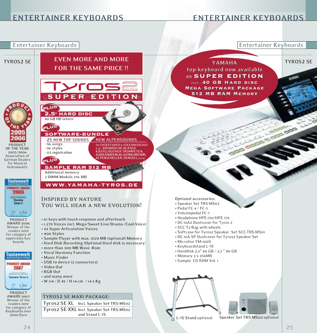 Yamaha Keyboards and Digital - Pianos Entertainer Keyboards, Tyros2 SE-XLIncl. Speaker Set TRS-MS02, Optional accessories 