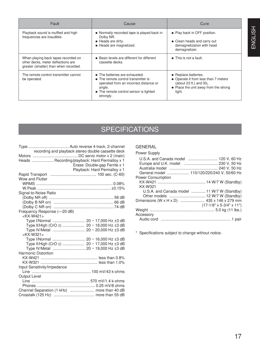 Yamaha KX-W421, KX-W321 owner manual Specifications 