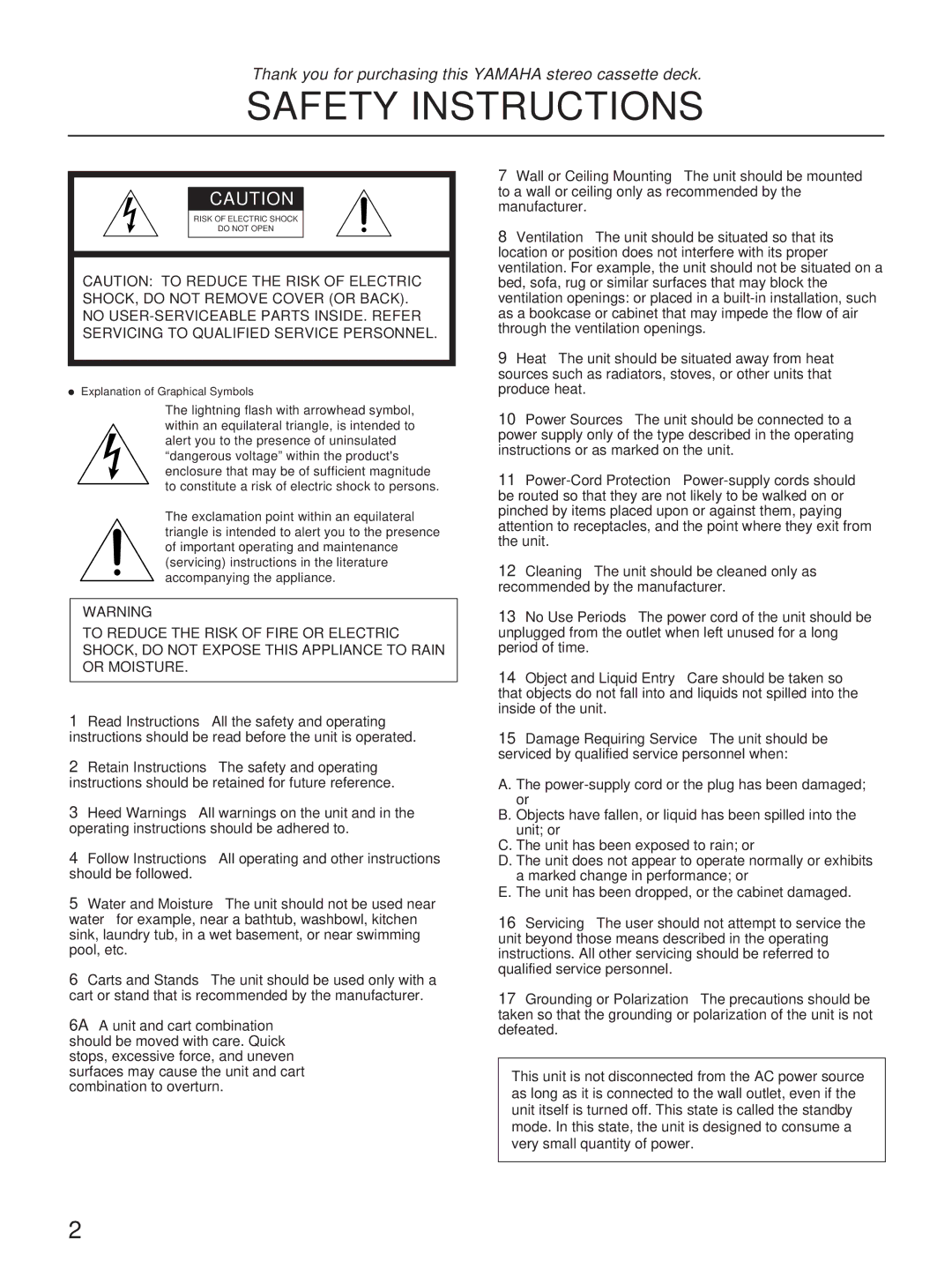 Yamaha KX-W321, KX-W421 owner manual Safety Instructions 