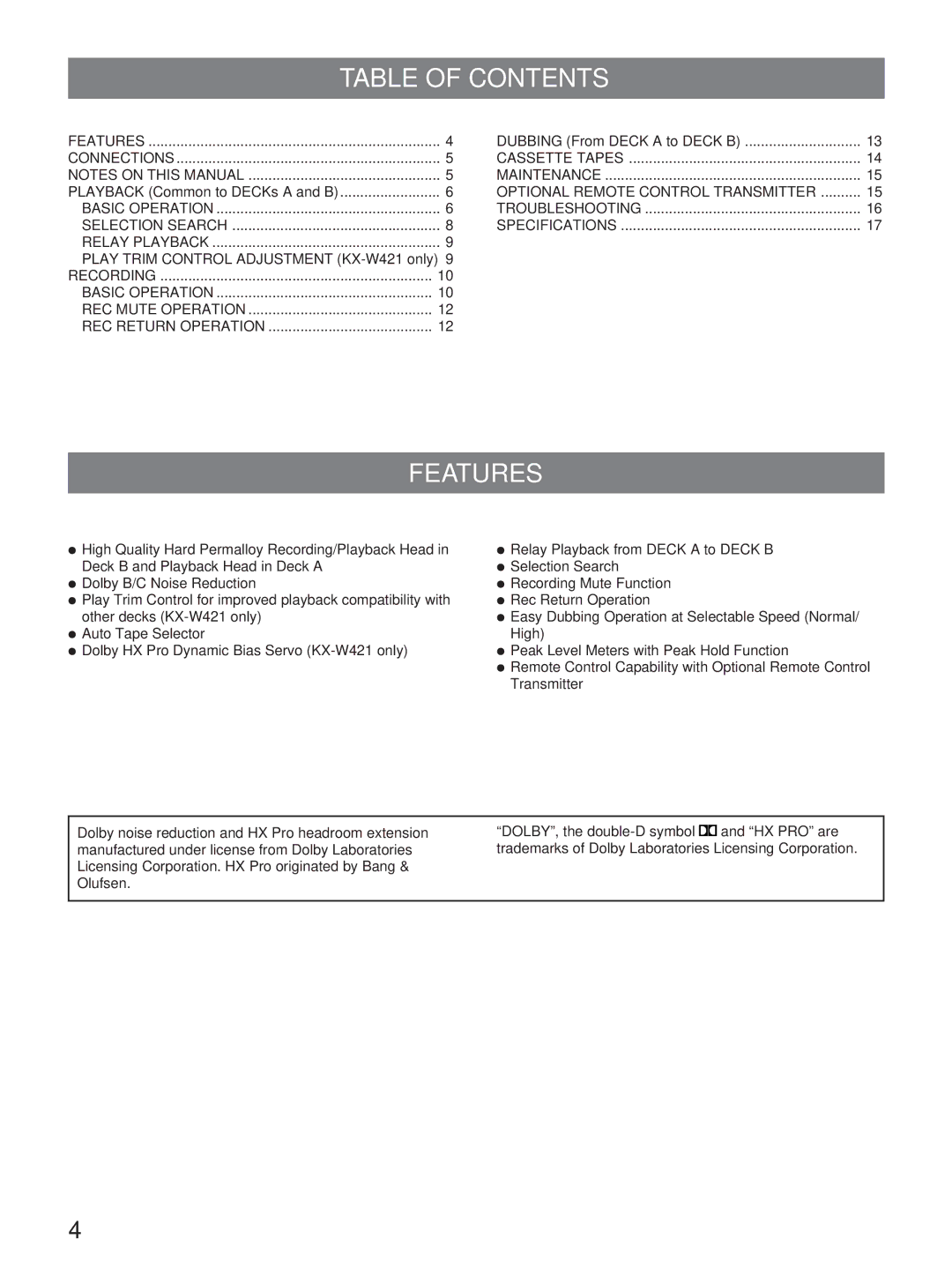 Yamaha KX-W321, KX-W421 owner manual Table of Contents, Features 